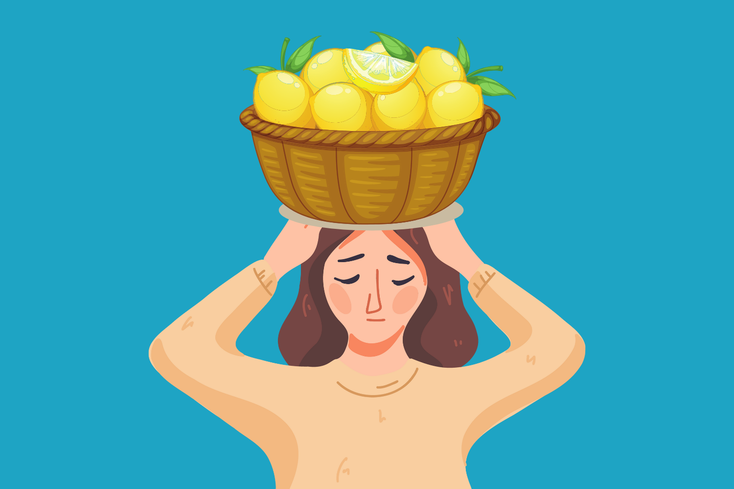 Woman with lemons and stuff on her head